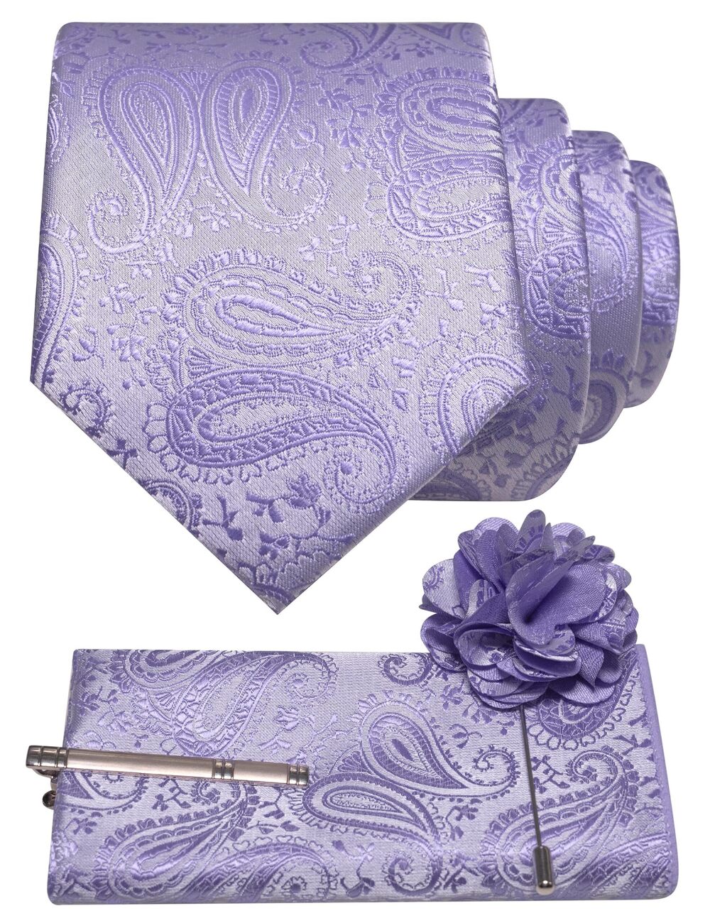 4417 Lavender Paisley Tie and Lapel Pin Necktie Pocket Square and Tie Clip